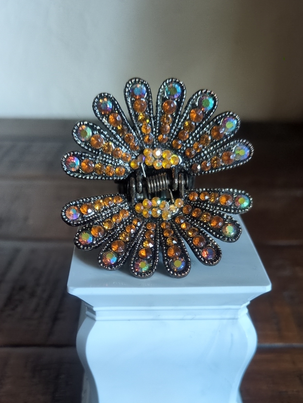 Rhinestone Flower Clip - Amber and Aurora Borealis Stones